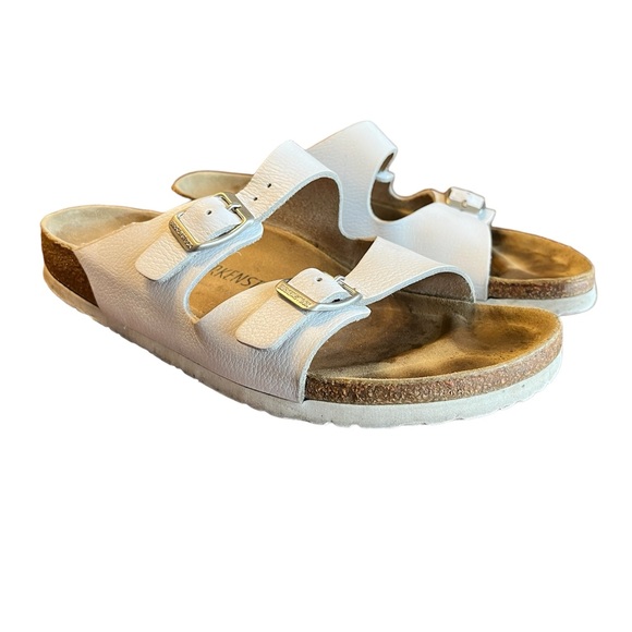 Birkenstock Shoes - Birkenstock Two Strap Leather Sandals Cork Footbed Sz 40 (W9 M7) White